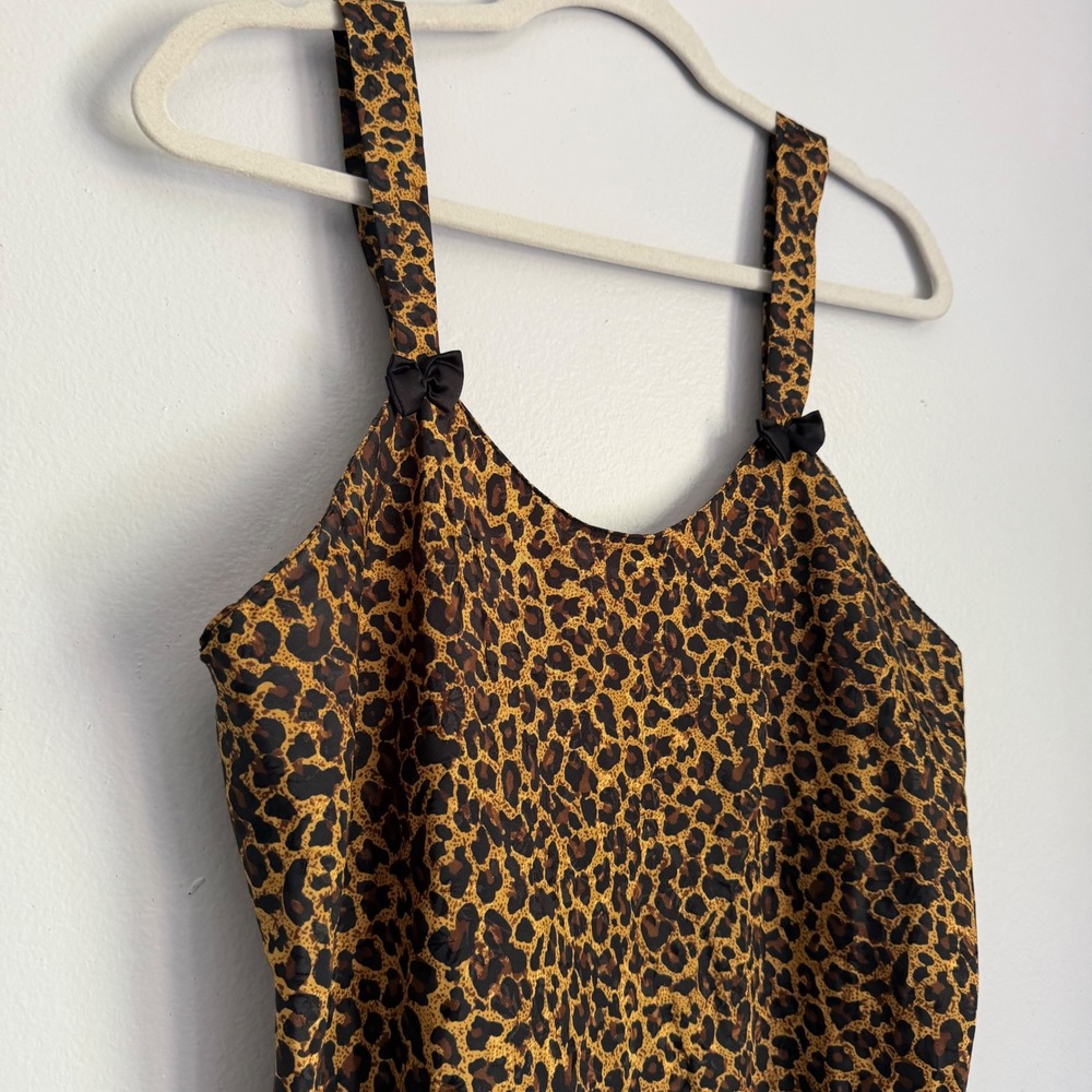 Vintage Leopard Print Satin Slip Dress Animal Pattern Bow Straps Mobwife M - Picture 2 of 5